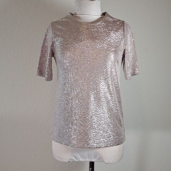 Monteau Tops - Monteau Los Angeles Women’s Top Shimmer Sparkly Short Sleeve Glitter Metallic S